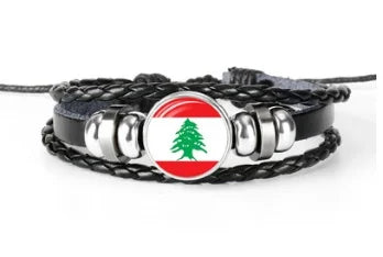 Handgefertigtes Libanon Charm-Armband 22 cm – Unisex Wickelarmband aus Leder, Glas & Zinklegierung – Rot, Weiß & Grün