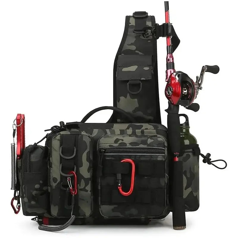 Angelrucksack mit Rutenhalter – Multifunktionale Fishing Tackle Bag aus 600D Nylon – Schulter-, Sling- & Brusttasche