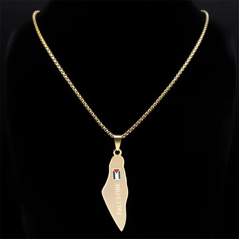 Palästina Halskette mit Landkarten- & Flaggenanhänger – Edelstahl Kette in Goldoptik – Unisex