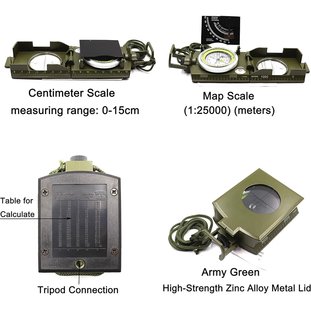 Militär-Kompass aus Metall – Wasserdichter Survival-Kompass mit Fluoreszenzanzeige & Neigungsmesser