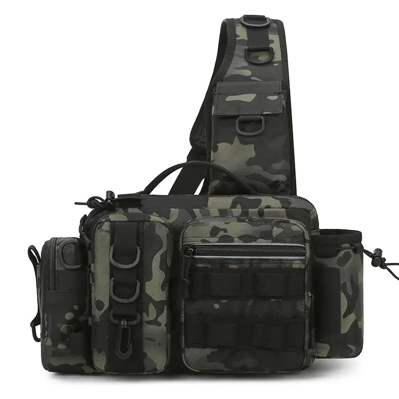 Angelrucksack mit Rutenhalter – Multifunktionale Fishing Tackle Bag aus 600D Nylon – Schulter-, Sling- & Brusttasche