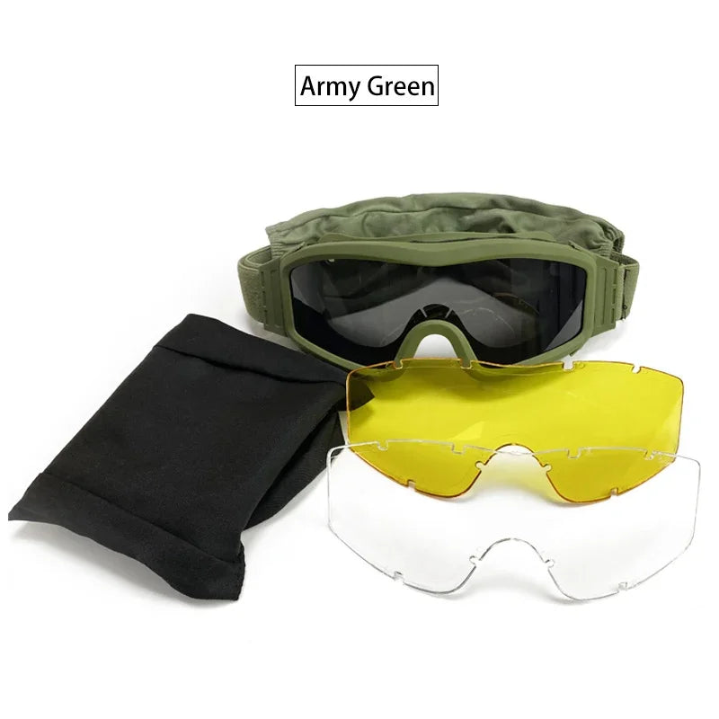 Taktische Schutzbrille mit 3 Wechselgläsern – Windschutz für Airsoft, Paintball, Schießsport & Outdoor