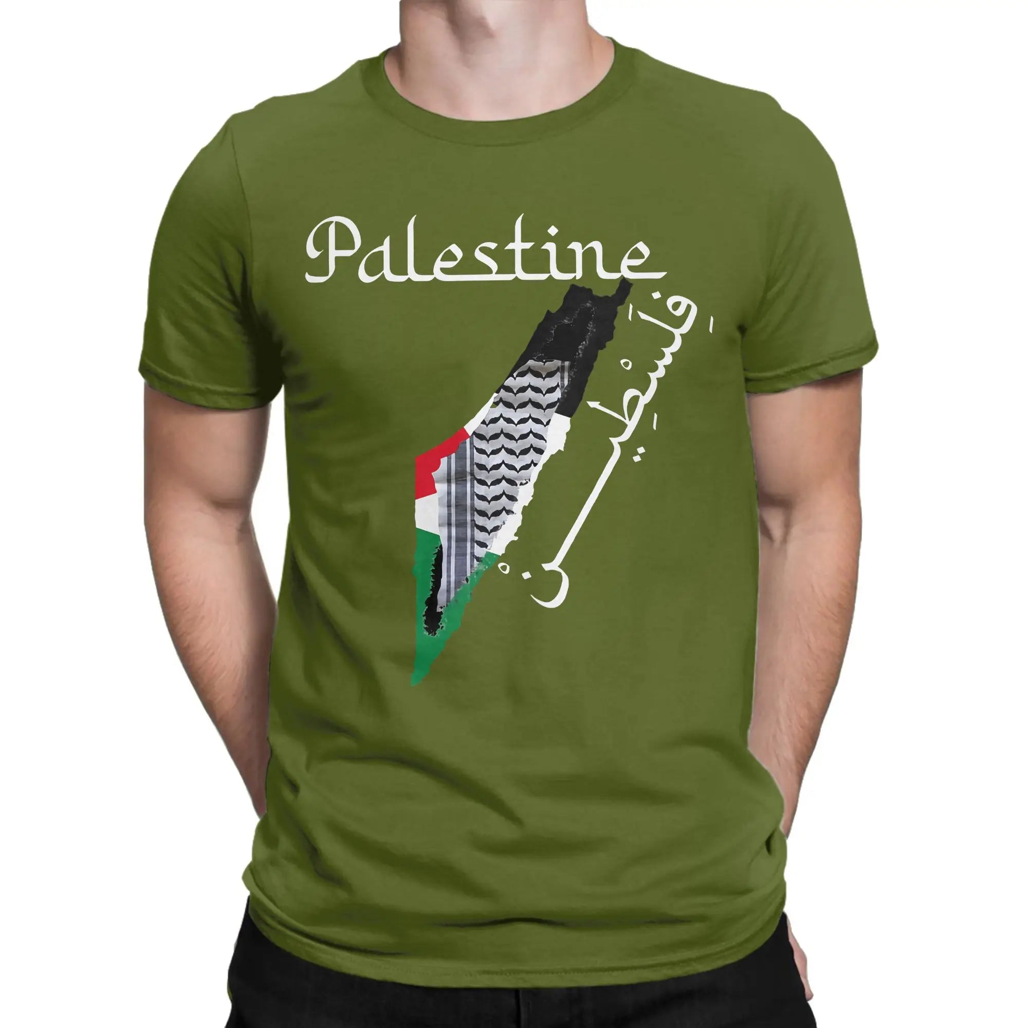 Palästina Herren T-Shirt mit Landkarten- & Kufiya-Print – 100 % Baumwolle – Oversize Kurzarm Shirt