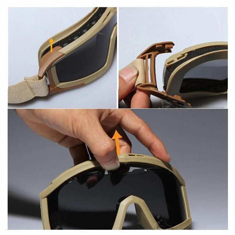 Taktische Schutzbrille mit 3 Wechselgläsern – Windschutz für Airsoft, Paintball, Schießsport & Outdoor