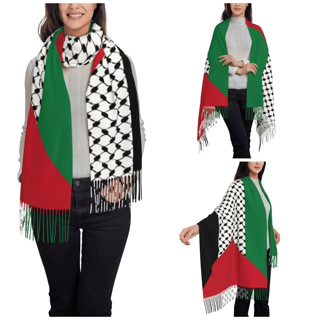 Palästina Schal für Damen – Weicher Kufiya Keffiyeh Schal mit Flaggenmuster – Langer Polyester Schal für alle Jahreszeiten