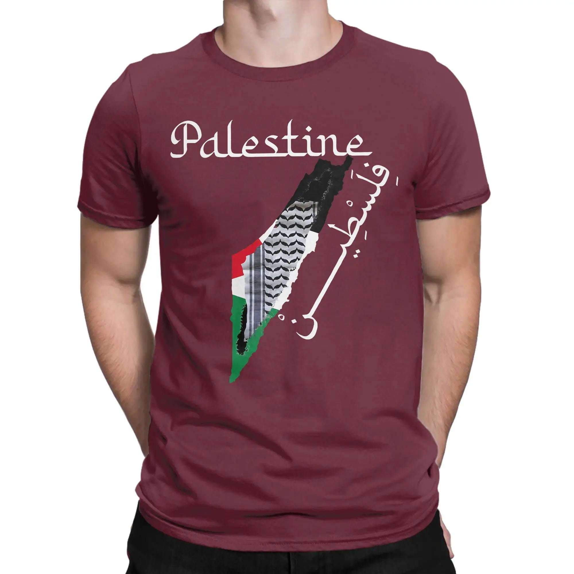 Palästina Herren T-Shirt mit Landkarten- & Kufiya-Print – 100 % Baumwolle – Oversize Kurzarm Shirt