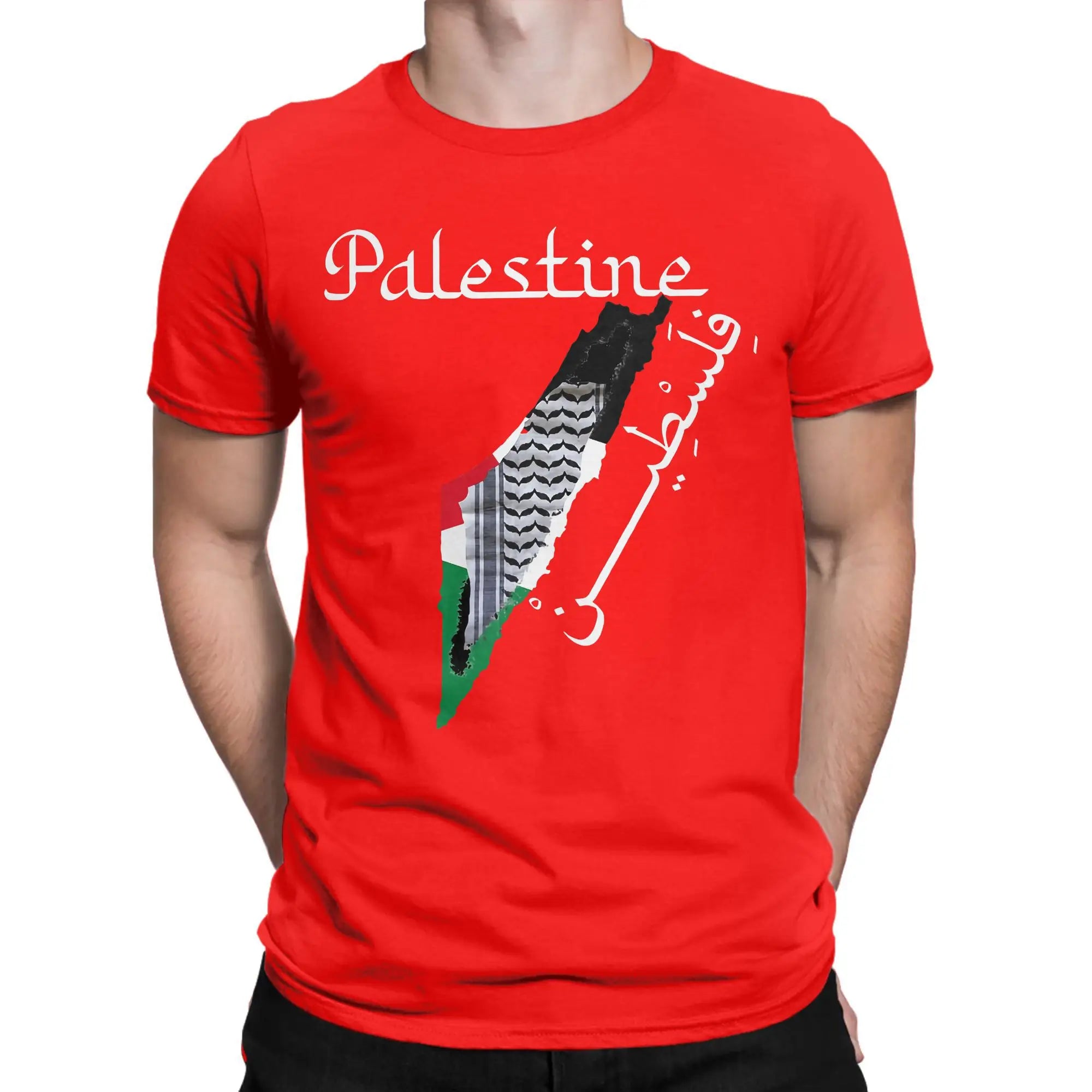 Palästina Herren T-Shirt mit Landkarten- & Kufiya-Print – 100 % Baumwolle – Oversize Kurzarm Shirt