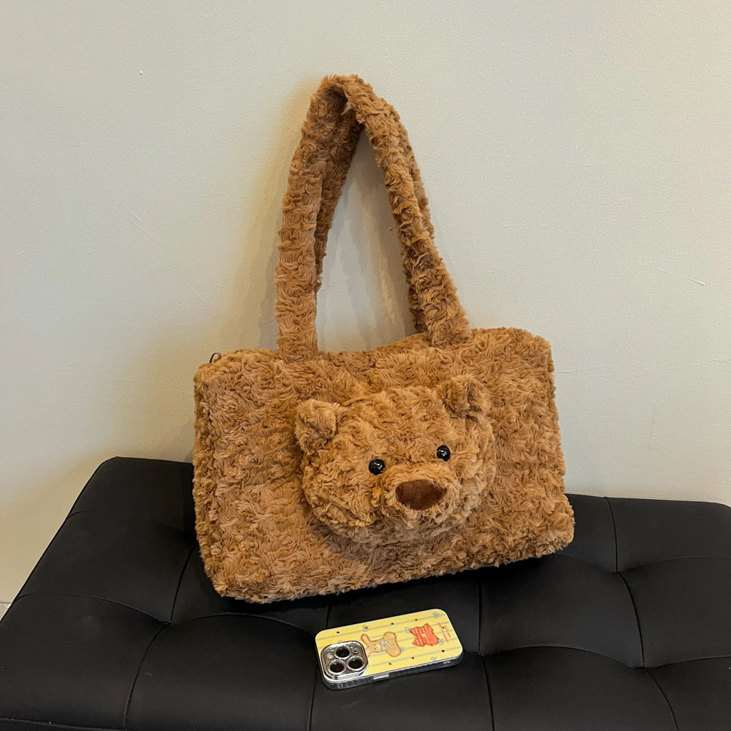 Plüsch Rucksack mit Teddybär – Süßer Damen & Mädchen Backpack aus Velours – Koreanischer Casual Trend