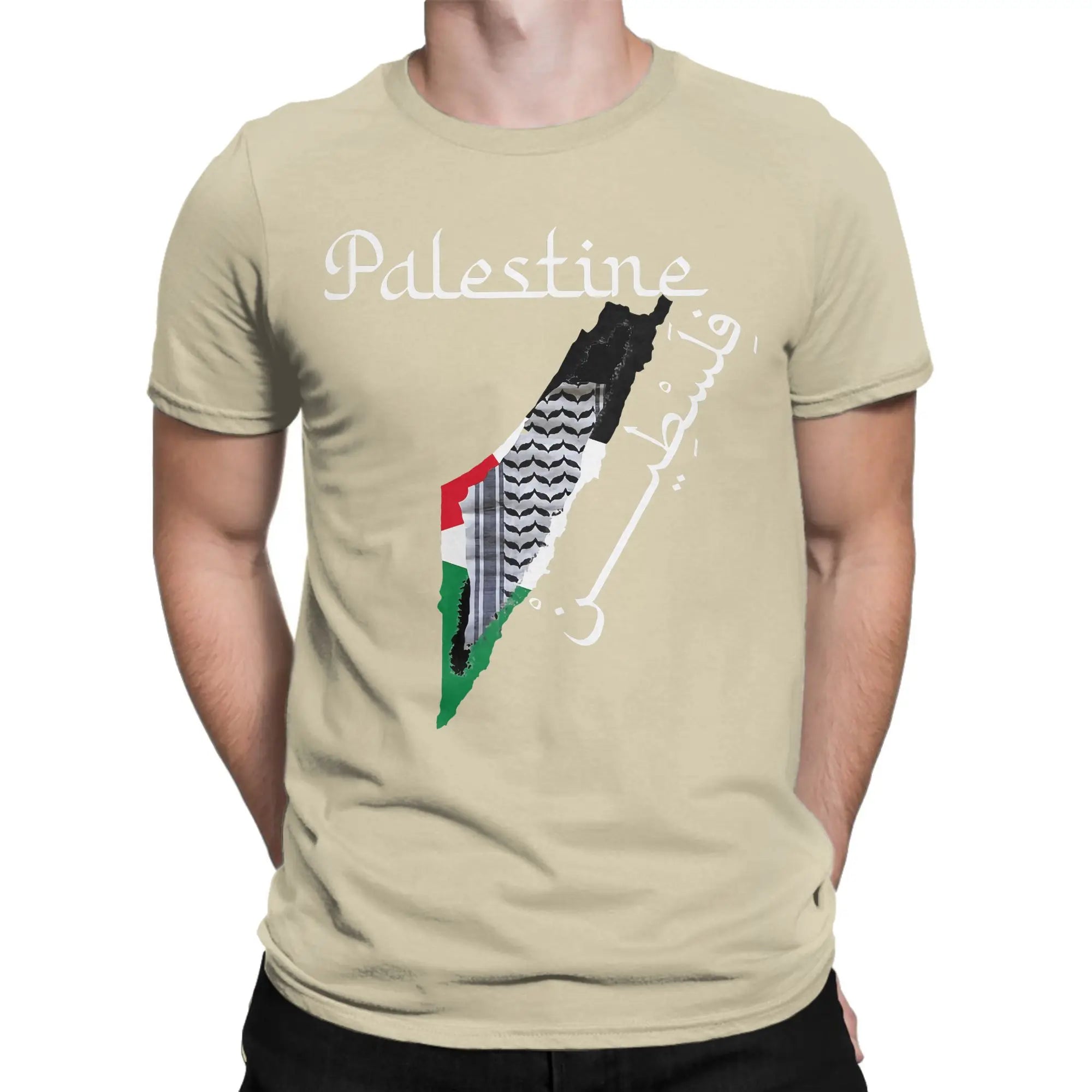 Palästina Herren T-Shirt mit Landkarten- & Kufiya-Print – 100 % Baumwolle – Oversize Kurzarm Shirt