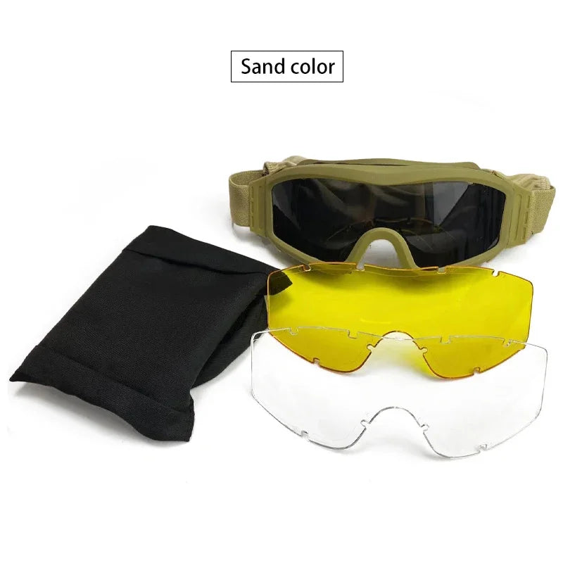 Taktische Schutzbrille mit 3 Wechselgläsern – Windschutz für Airsoft, Paintball, Schießsport & Outdoor