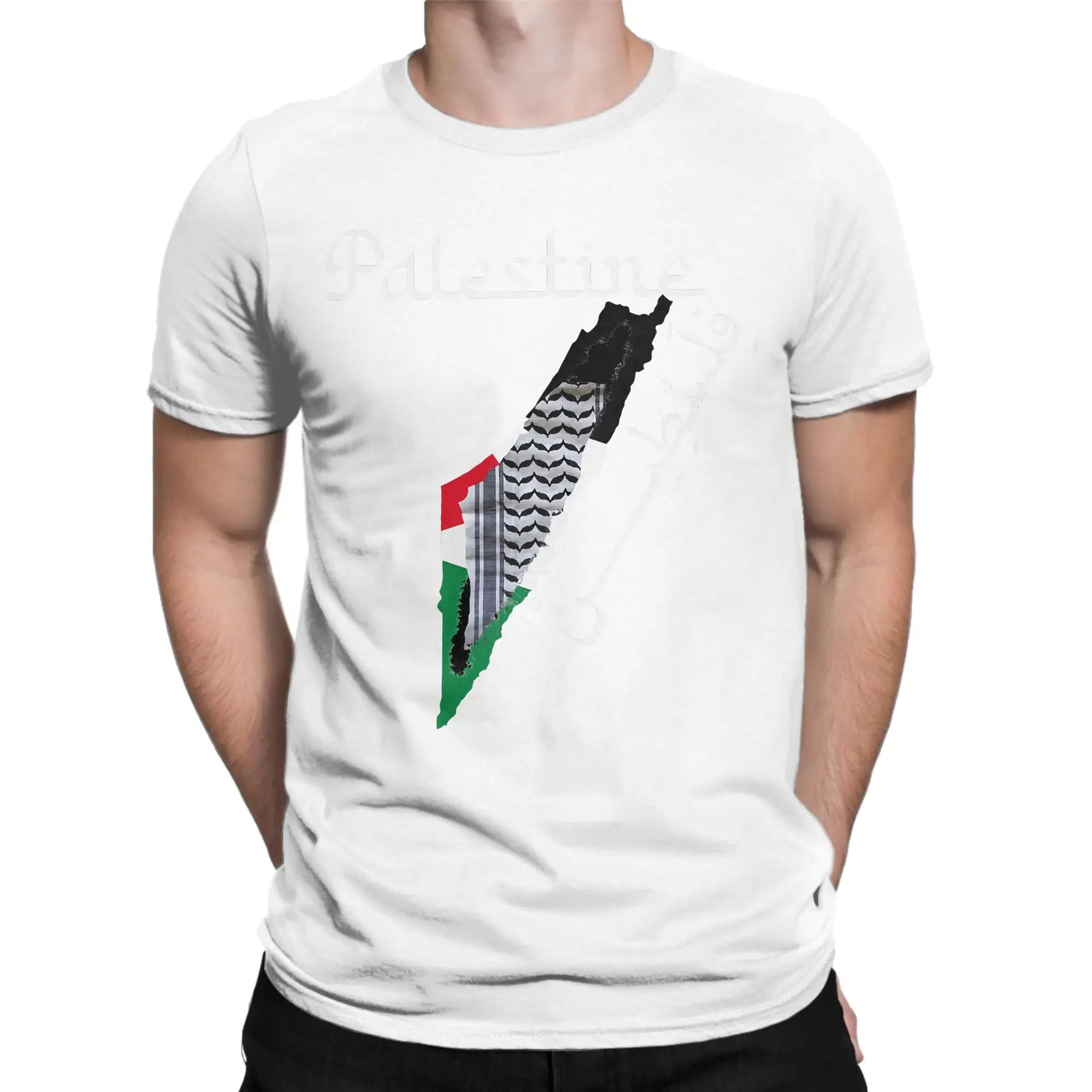 Palästina Herren T-Shirt mit Landkarten- & Kufiya-Print – 100 % Baumwolle – Oversize Kurzarm Shirt