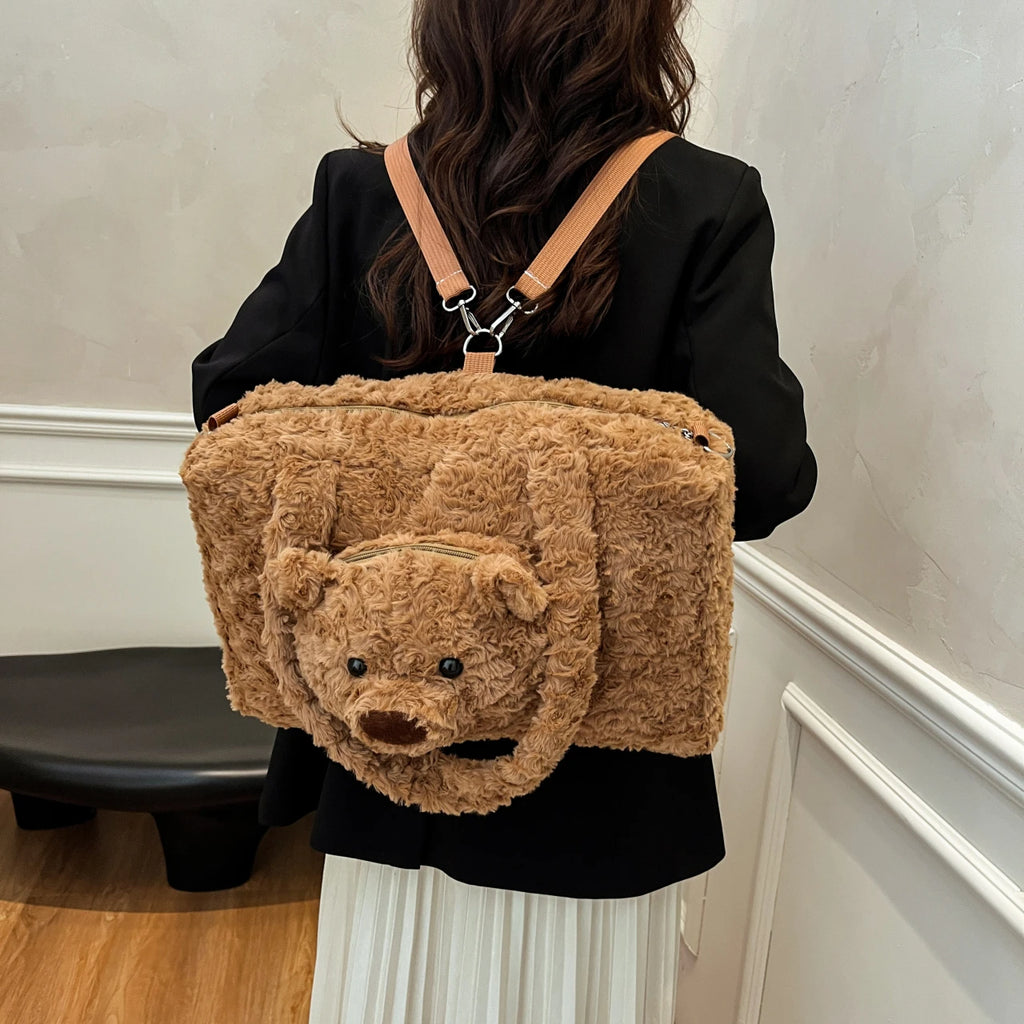 Plüsch Rucksack mit Teddybär – Süßer Damen & Mädchen Backpack aus Velours – Koreanischer Casual Trend