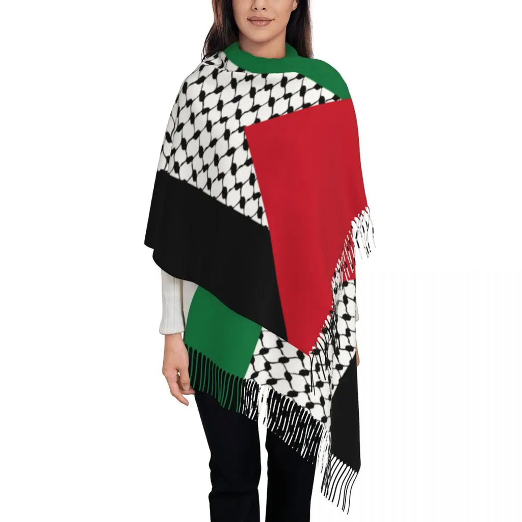 Palästina Schal für Damen – Weicher Kufiya Keffiyeh Schal mit Flaggenmuster – Langer Polyester Schal für alle Jahreszeiten