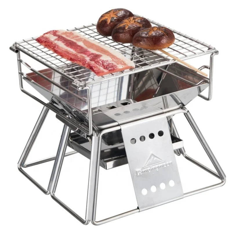 Campingmoon X-MINI Holzkohlegrill – Faltbarer Edelstahl Campinggrill mit höhenverstellbarem Grillrost