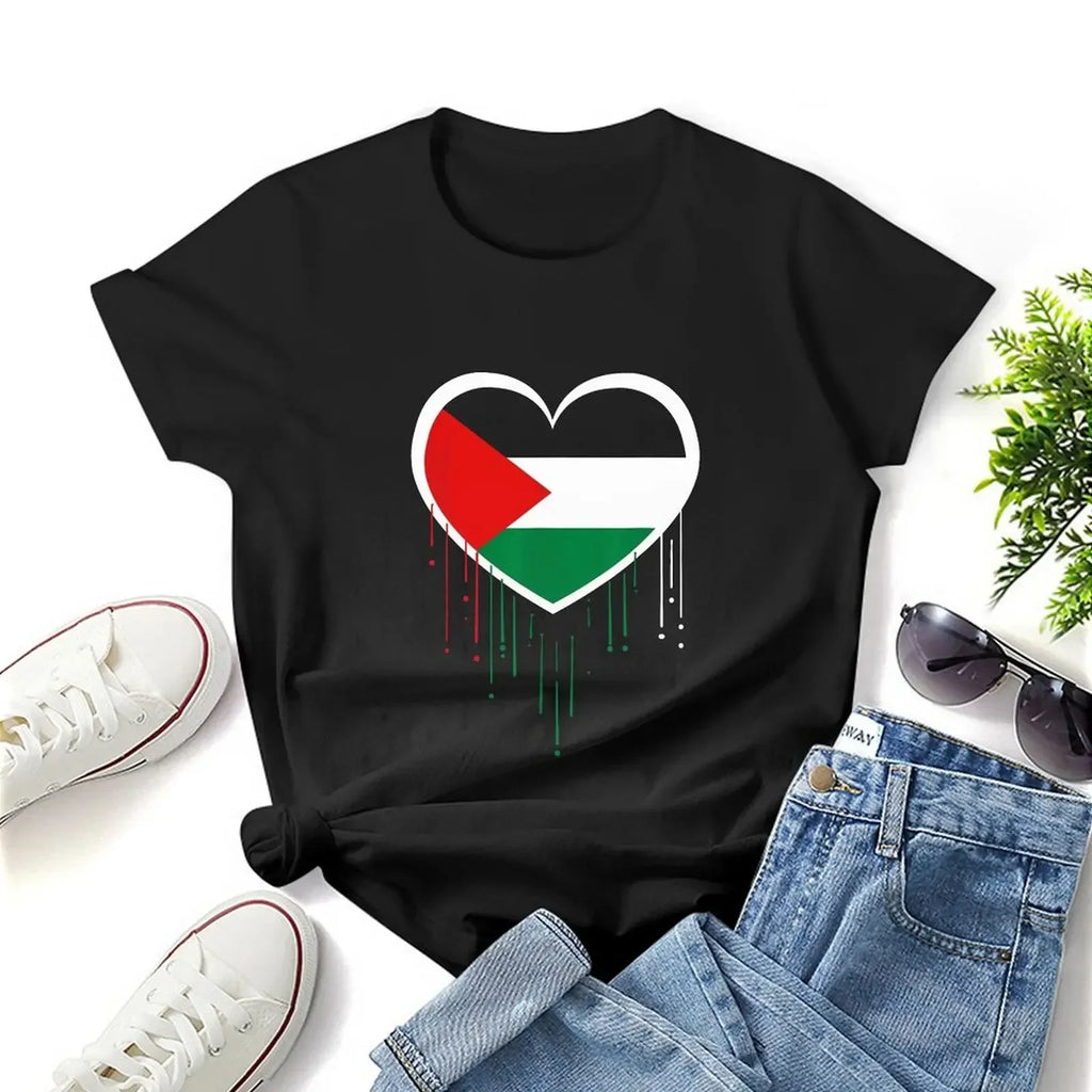 Palestine Women's T-Shirt with Heart & Flag Motif – Short-Sleeve Casual Shirt Made of Polyester – Sizes S–3XL