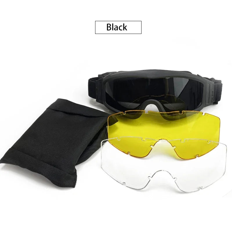 Taktische Schutzbrille mit 3 Wechselgläsern – Windschutz für Airsoft, Paintball, Schießsport & Outdoor