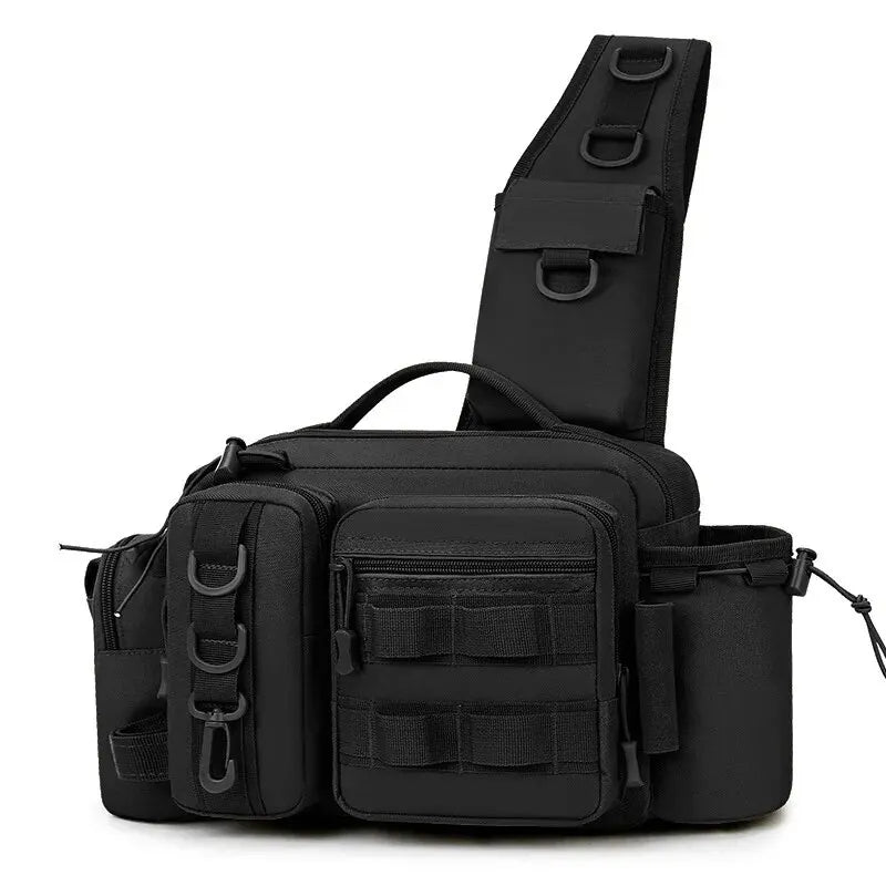 Angelrucksack mit Rutenhalter – Multifunktionale Fishing Tackle Bag aus 600D Nylon – Schulter-, Sling- & Brusttasche