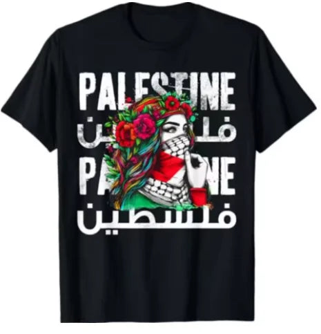 Palästina T-Shirt aus 100 % Baumwolle – Kurzarm Shirt mit Mädchen-Motiv & Bandana – Unisex