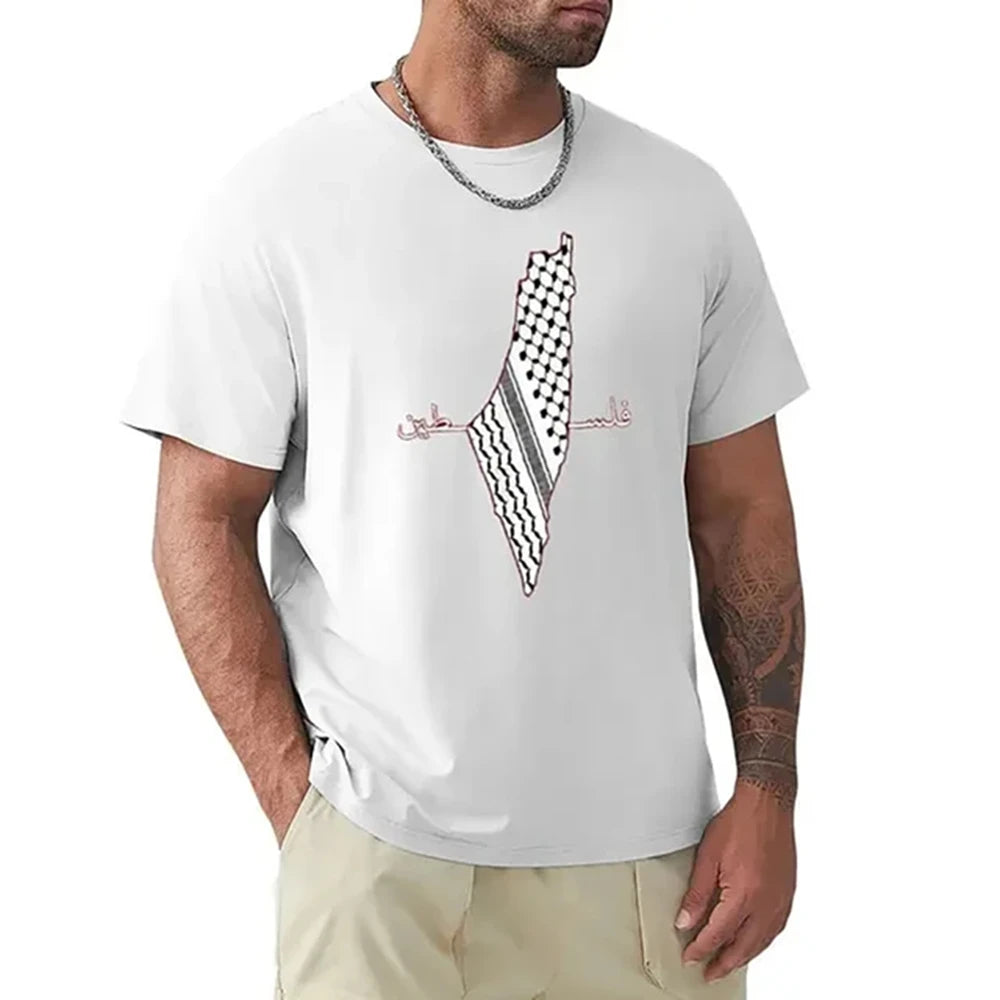 Palästina Herren T-Shirt aus 100 % Baumwolle – Rundhals Kurzarm Shirt mit Landkarten-Print – Atmungsaktiv