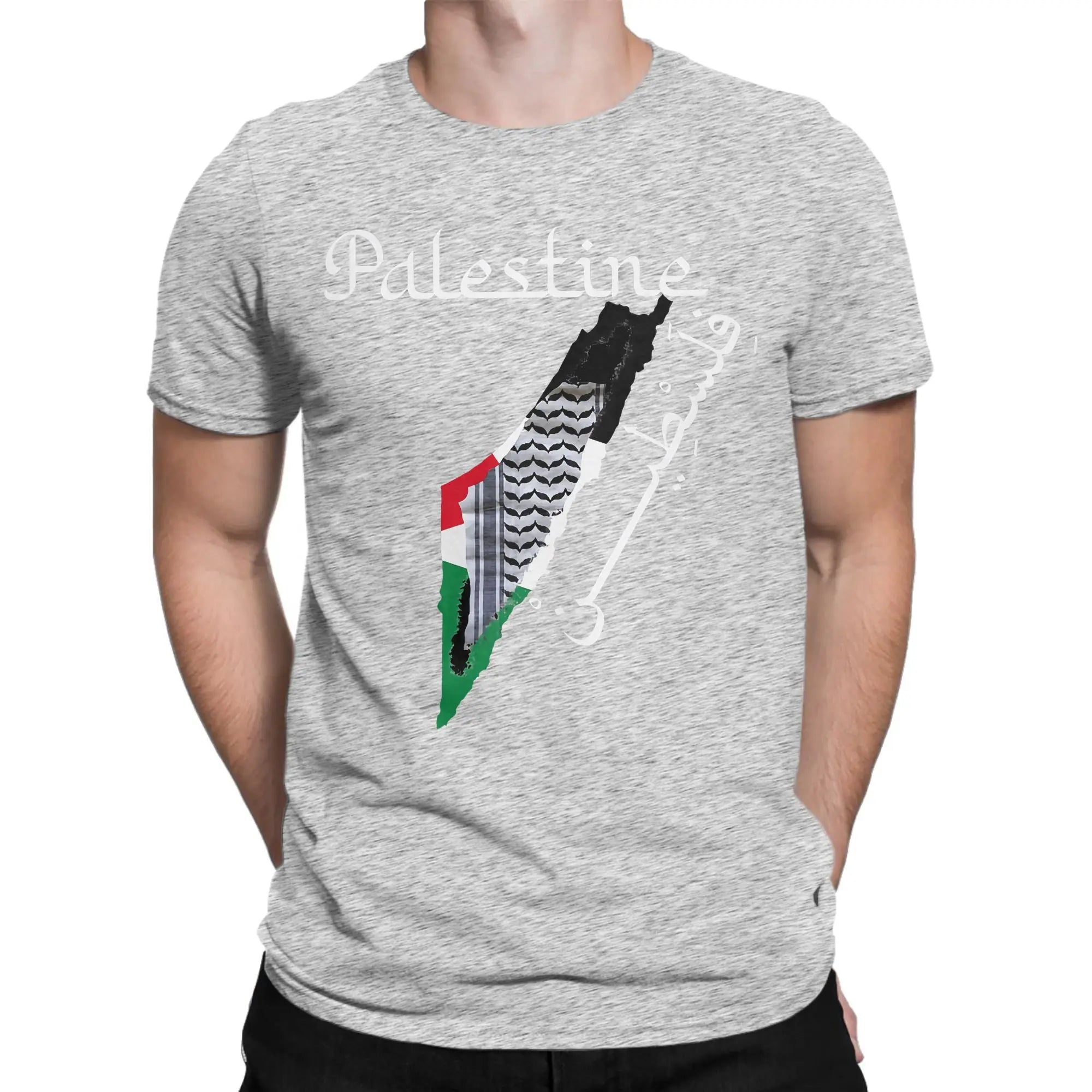 Palästina Herren T-Shirt mit Landkarten- & Kufiya-Print – 100 % Baumwolle – Oversize Kurzarm Shirt