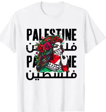 Palästina T-Shirt aus 100 % Baumwolle – Kurzarm Shirt mit Mädchen-Motiv & Bandana – Unisex
