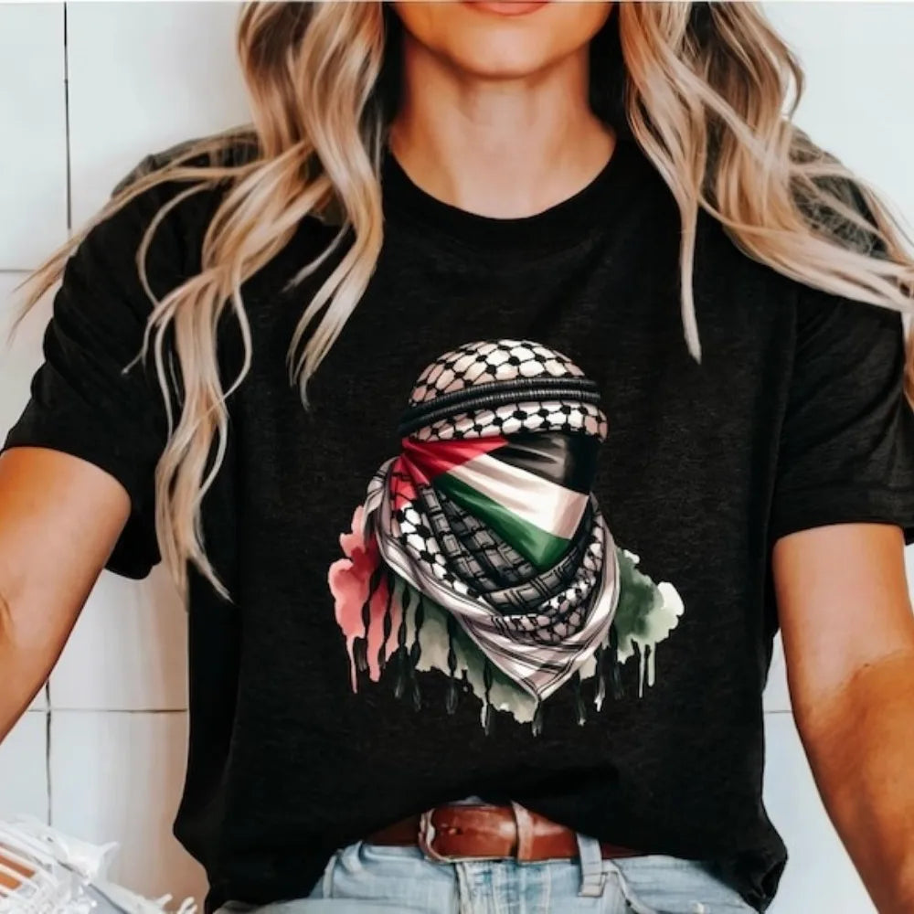 Palästina T-Shirt mit Kufiya- & Flaggenmotiv – Unisex Baumwollshirt | Kurzarm Casual Tee