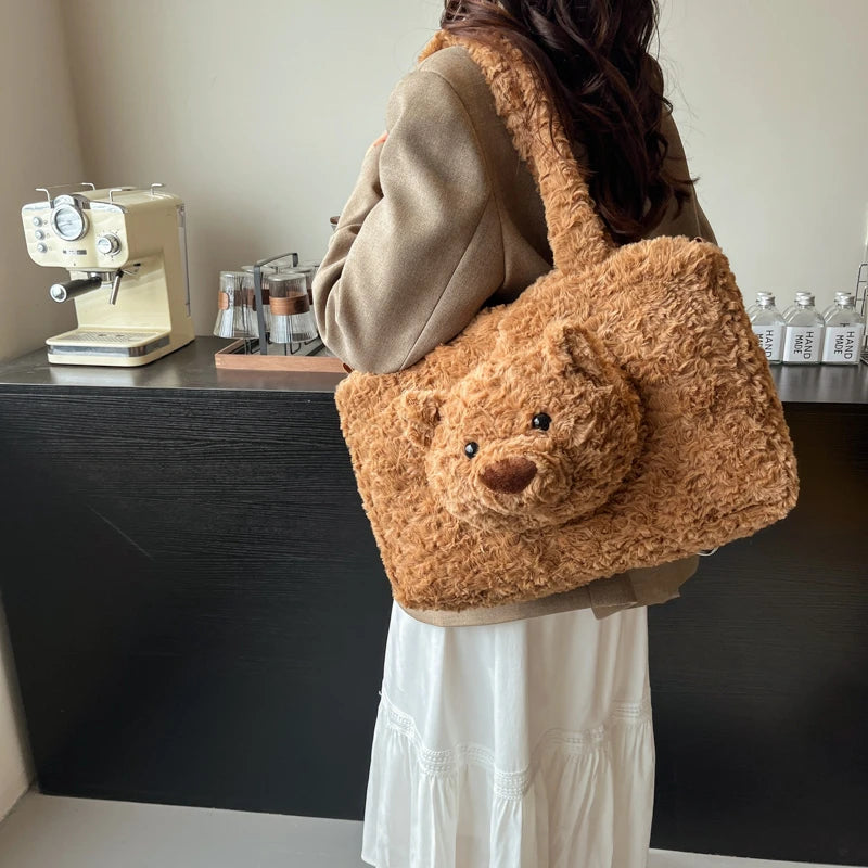 Plüsch Rucksack mit Teddybär – Süßer Damen & Mädchen Backpack aus Velours – Koreanischer Casual Trend