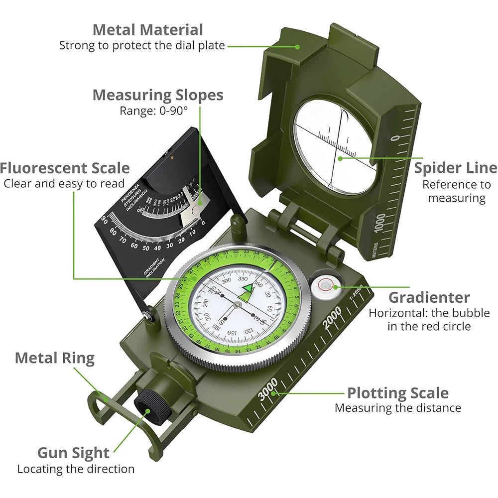 Militär-Kompass aus Metall – Wasserdichter Survival-Kompass mit Fluoreszenzanzeige & Neigungsmesser